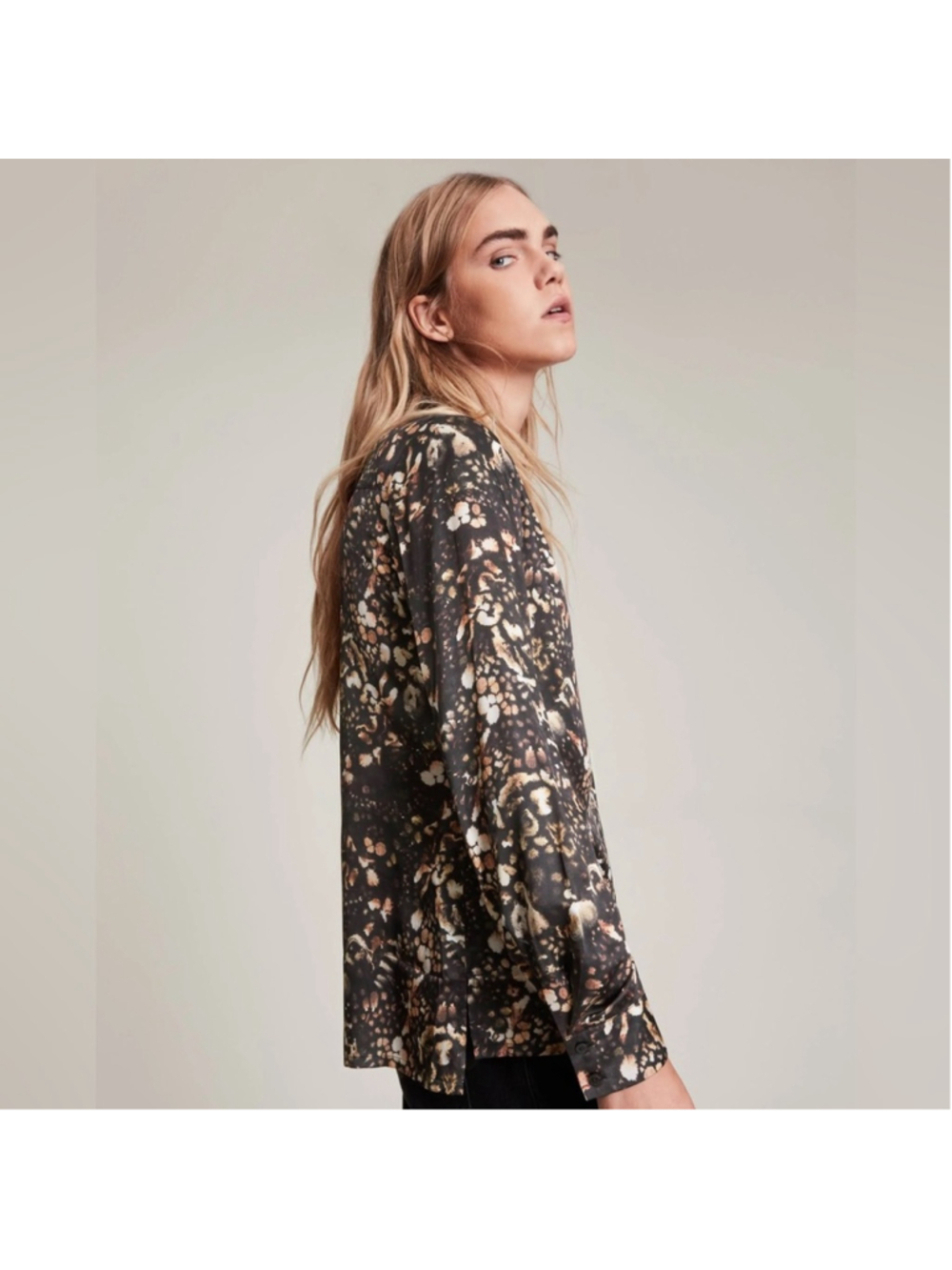 Allsaints Black & Cream Abstract Print Button-Down Blouse Size 4